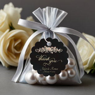 Rose Scroll & Monogram - Scalloped Black Favour Tags