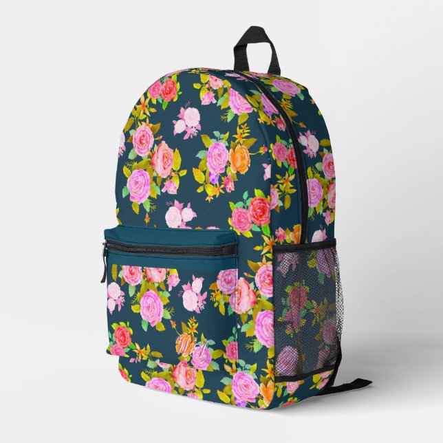 Rose Shabby Vintage Navy Printed Backpack (Back Corner Right)