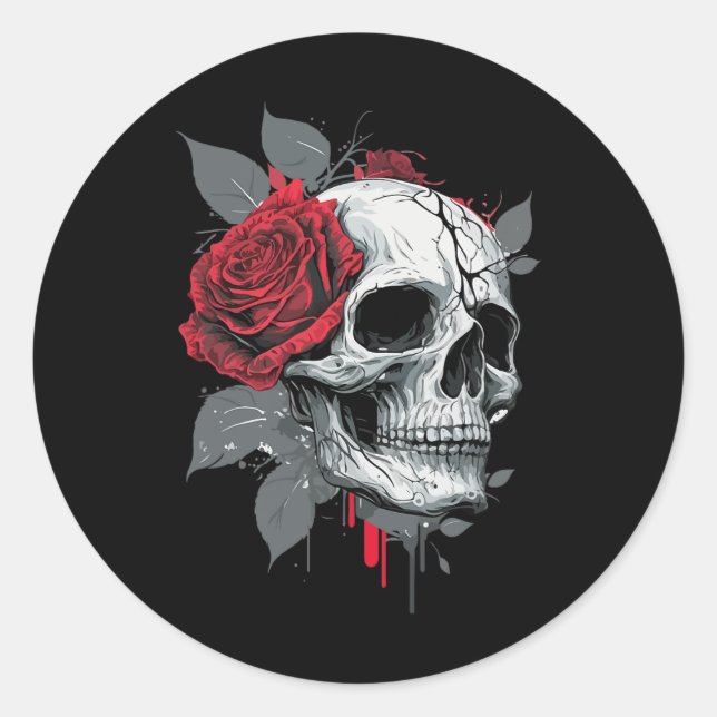 Rose Skeleton Skull Hand Red Flower Rose  Classic Round Sticker (Front)