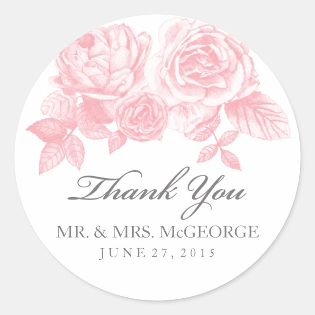 Rose Sketch Round Sticker in Pink (Front)