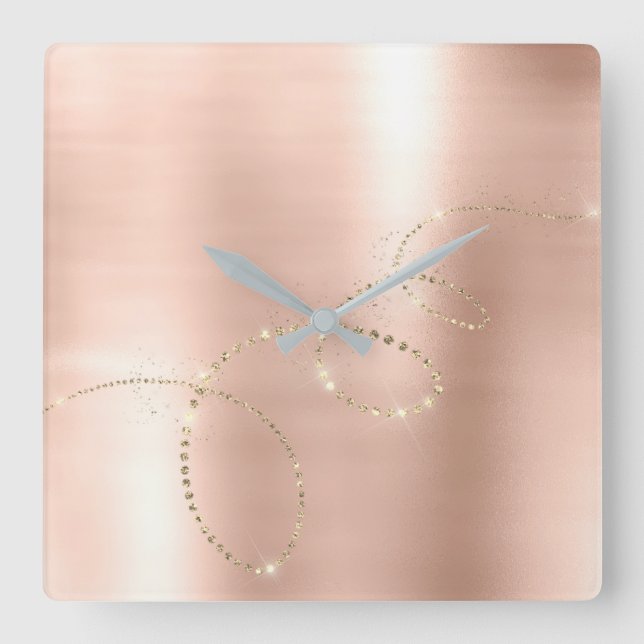 Rose Skinny Crystals Frozen Glass Infinity Copper Square Wall Clock (Front)