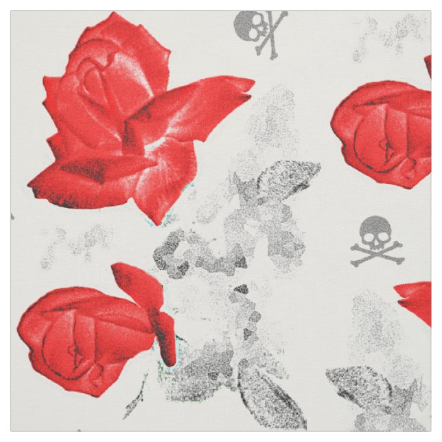 Rose Skulls Gothic Red/Grey Pattern Fabric (Swatch)