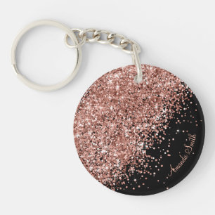 Rose Sparkle Glitter Black Text Customisable Key Ring