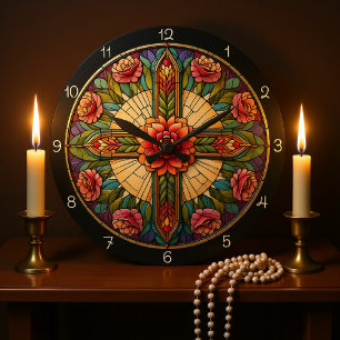 Rose Stained Glass Cross Large Clock