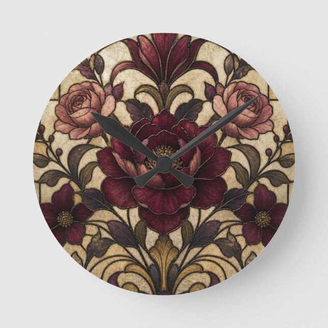 Rose Stained Glass Design  Round Clock (Front)
