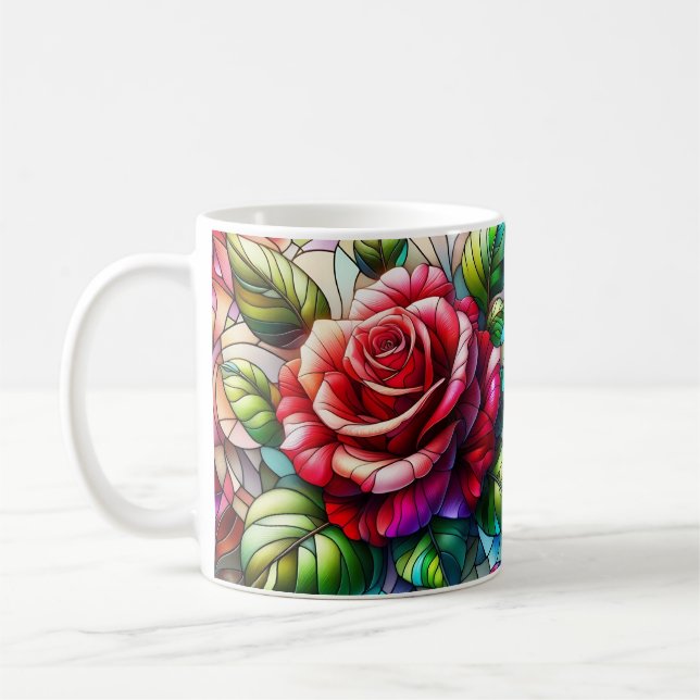 Rose Stained Glass Effect Elegant Floral Design Coffee Mug (Left)