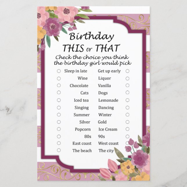 Rose Striped Birthday this or that game (Front)