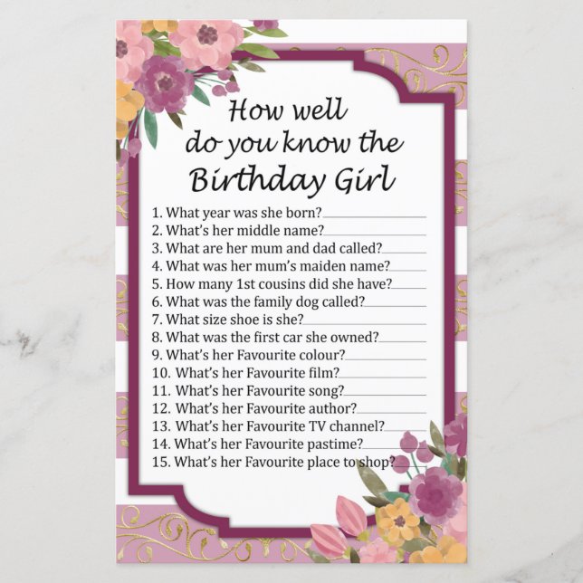 Rose Striped How well do you know the birthdaygirl (Front)