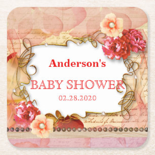 Rose Stripes Gold Pink Floral Baby Shower Square Paper Coaster