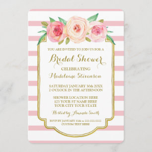 Rose Stripes Gold Pink Floral Bridal Shower Invitation