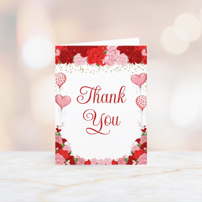 Rose Sweetheart Balloon Valentine Girl Baby Shower Thank You Card (Creator Uploaded)