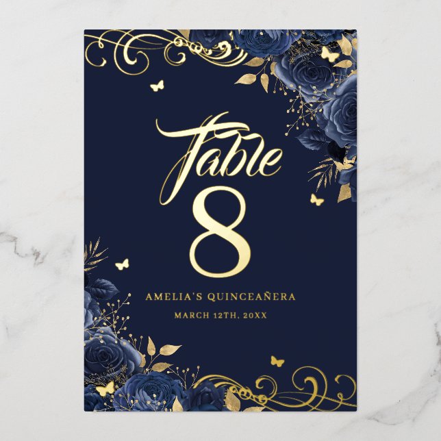 Rose Swirl Navy Quinceanera Gold Table Number  (Front)