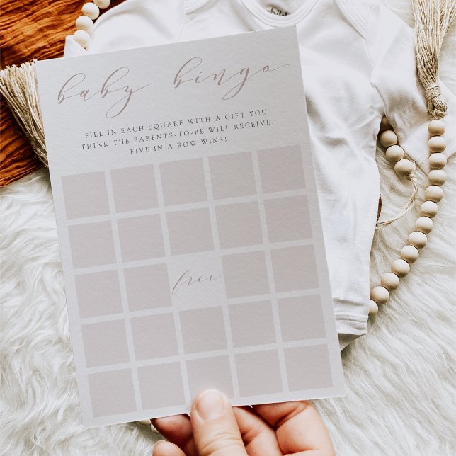 Rose Taupe Calligraphy Baby Shower Bingo Game Card (Creator Uploaded)