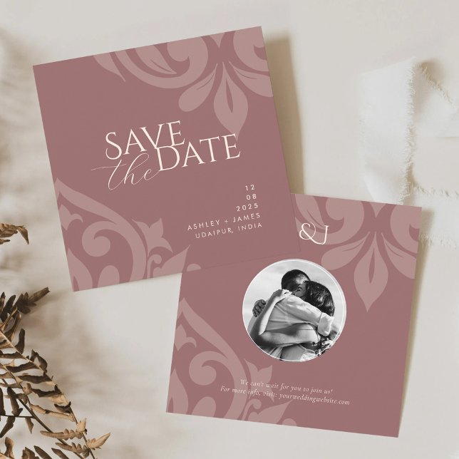 Rose Taupe Damask Elegant Classic Photo Wedding Save The Date (Creator Uploaded)