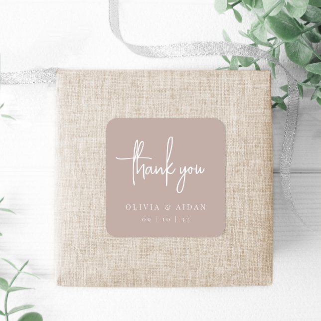Rose Taupe | Handwritten Script Wedding Thank You Square Sticker (Creator Uploaded)