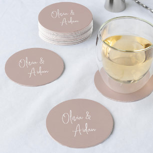 Rose Taupe Modern Handwritten Script Wedding Round Paper Coaster