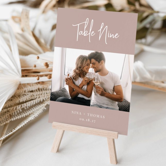 Rose Taupe Modern Script + Classic Serif Photo Table Number (Creator Uploaded)