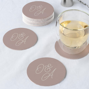 Rose Taupe Oversized Script Monogram Wedding Round Paper Coaster