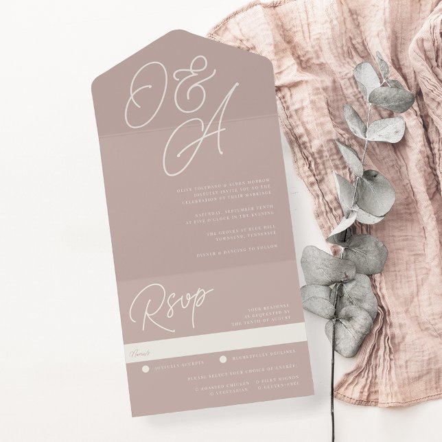Rose Taupe | Script Watermark Monogram Wedding All In One Invitation (Creator Uploaded)