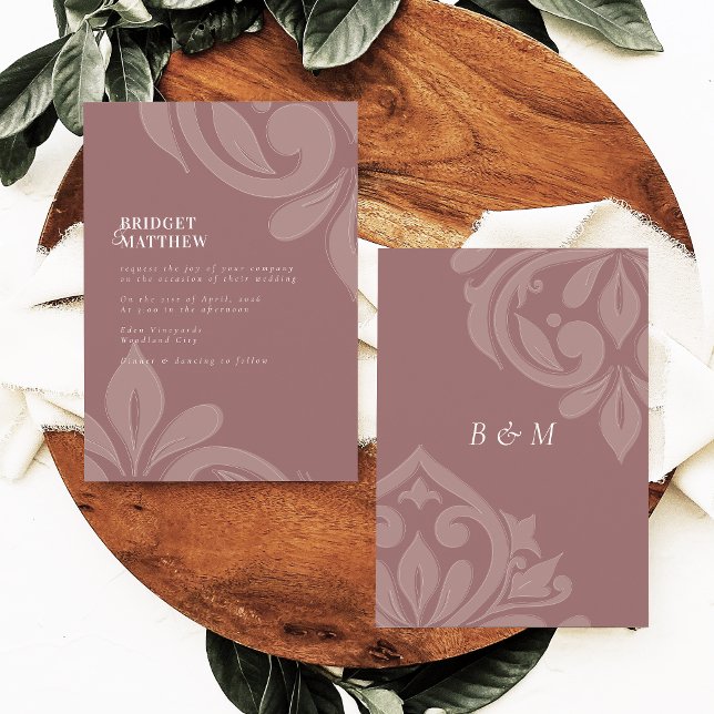 Rose Taupe Tasteful Classic Script Damask Wedding Invitation (Creator Uploaded)