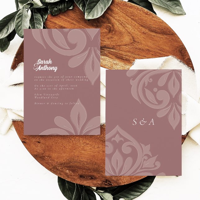 Rose Taupe Tasteful Elegant Script Damask Wedding Invitation (Creator Uploaded)