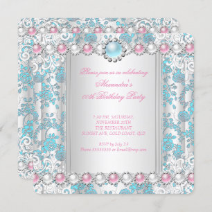 Rose Teal Damask White Pink Pearl Birthday Party Invitation
