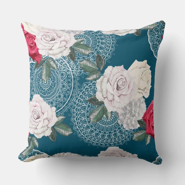 Rose Teal Design Decorative Pillow (Front)