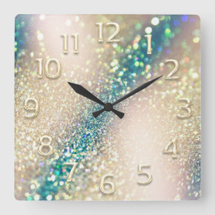 Rose Teal GLITTER 3D Holographic Square Wall Clock