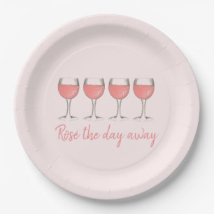 Rosé The Day Away Pink Rose Glass Wine Lover Paper Plate