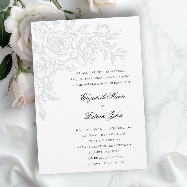 Rose Theme Beloved White Formal Classic Wedding Invitation (formal traditional wedding invitation roses theme floral modern classic luxury pure white)