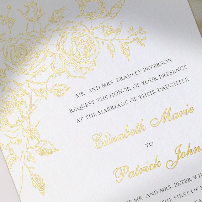 Rose Theme Forever White Formal Classic Wedding (gold foil wedding invitation rose theme floral formal traditional modern classic art sketch luxury )