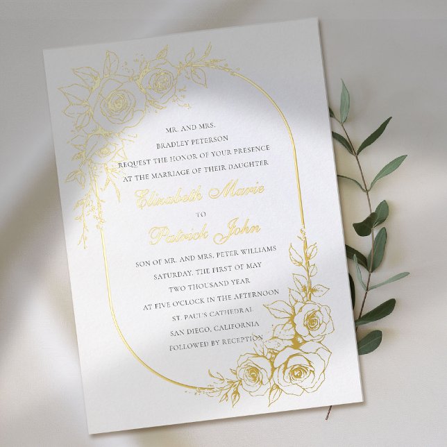 Rose Theme Treasured White Formal Classic Wedding (gold foil wedding invitation rose frame floral formal traditional modern classic art sketch luxury)