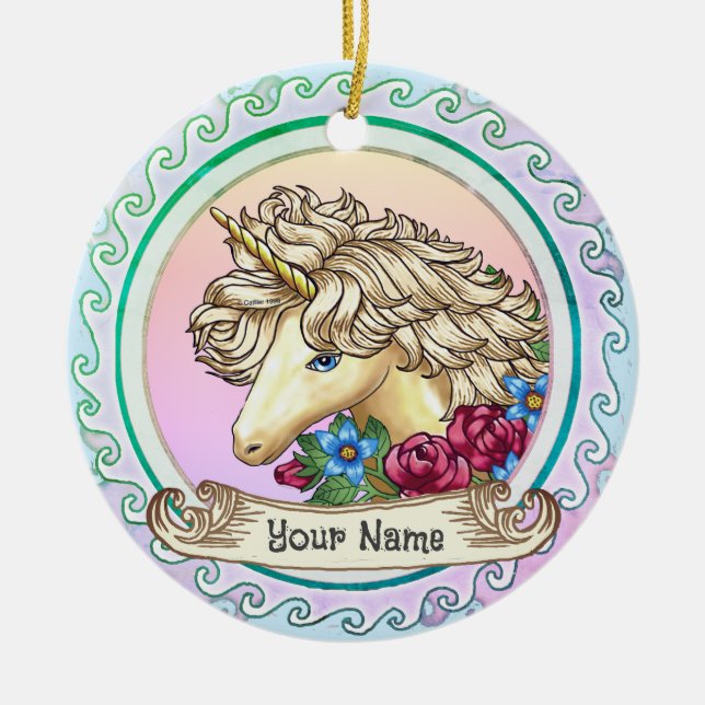 Rose Unicorn  Ceramic Ornament (Front)