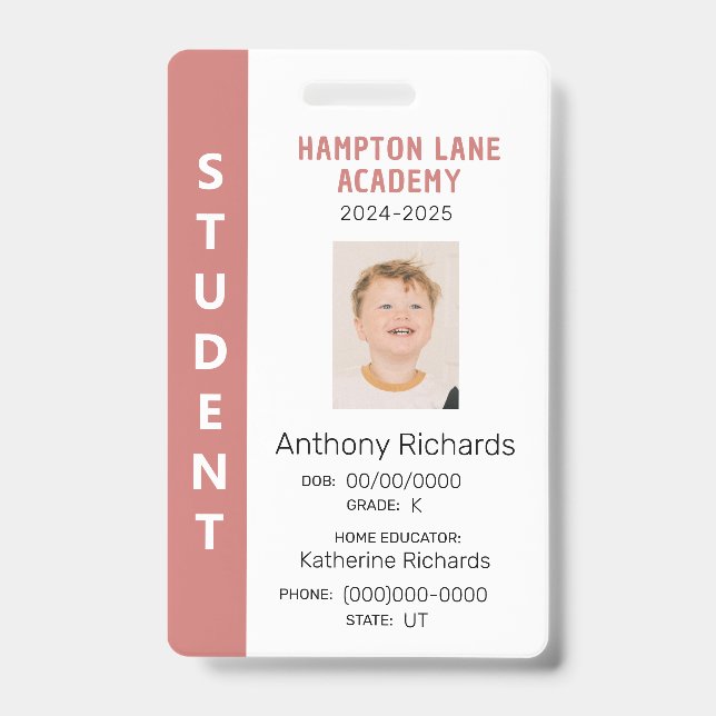 Rose Vertical Stripe Homeschool Student ID Badge (Front)