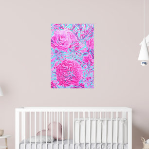  Rose Vintage Bush-Retro Pink & Blue Poster