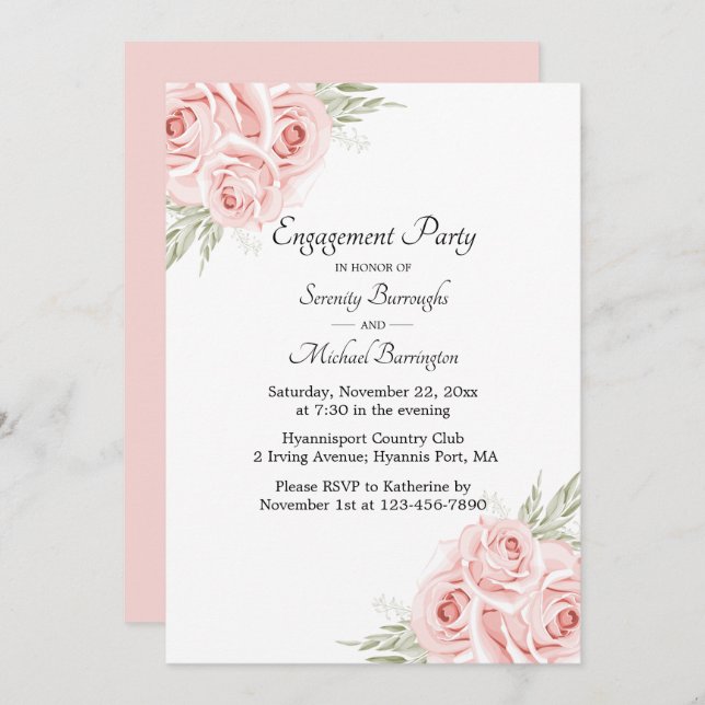  Rose Watercolor Pink Floral Engagement Party Invi Invitation (Front/Back)