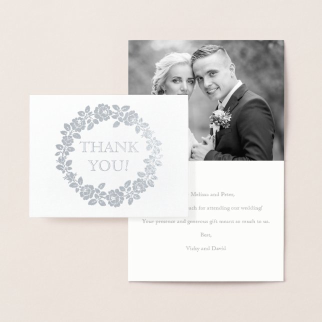 Rose wedding Thank you kraft paper photo silver Foil Card (Display)
