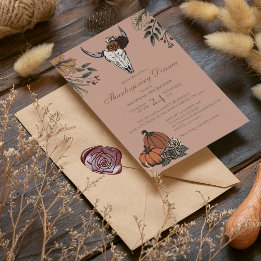 Rose Western Thanksgiving Cow Skull Fall Harvest Invitation