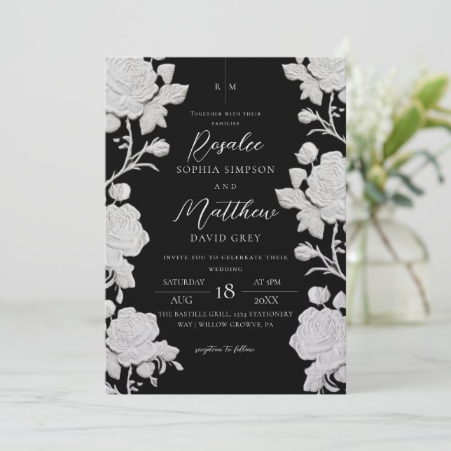 Rose White & Black Custom Modern Trendy Wedding Invitation (Standing Front)