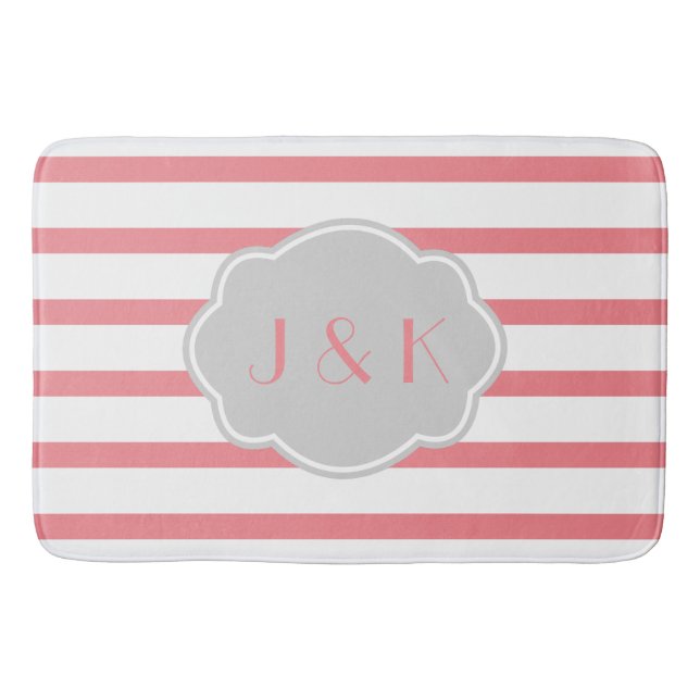 Rose/White Stripes w Grey, add initials Bath Mat (Front)