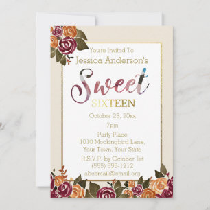 Rose Wine Floral Gold Sweet 16 Invitation