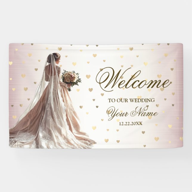 Rose Winter Wedding Bride Golden Shiny Heart Party Banner (Horizontal)