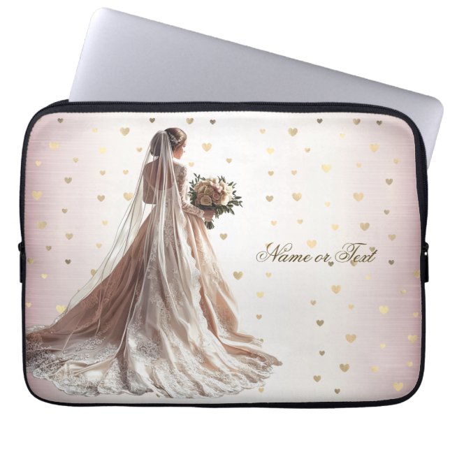 Rose Winter Wedding Bride Golden Shiny Heart Party Laptop Sleeve (Front)