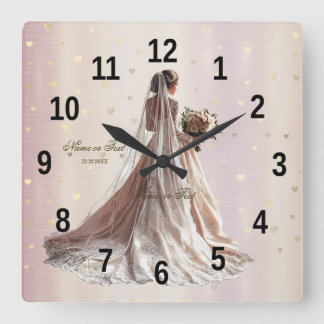 Rose Winter Wedding Bride Golden Shiny Heart Party Square Wall Clock