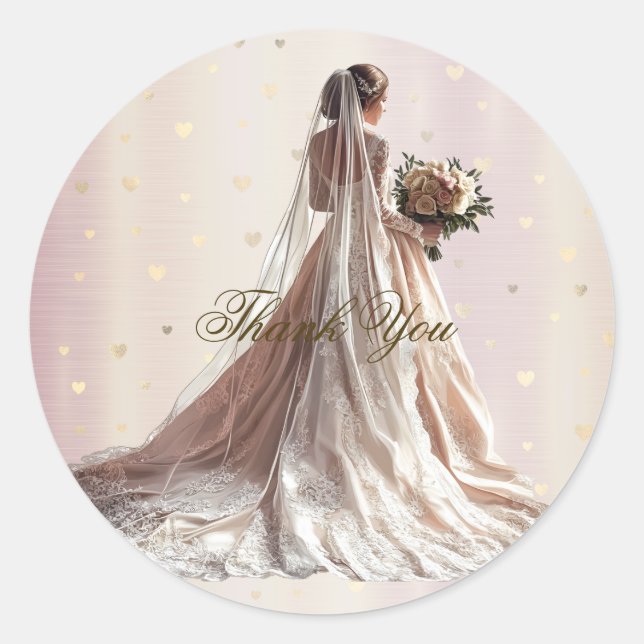 Rose Winter Wedding Bride Golden Shiny Hearts Classic Round Sticker (Front)