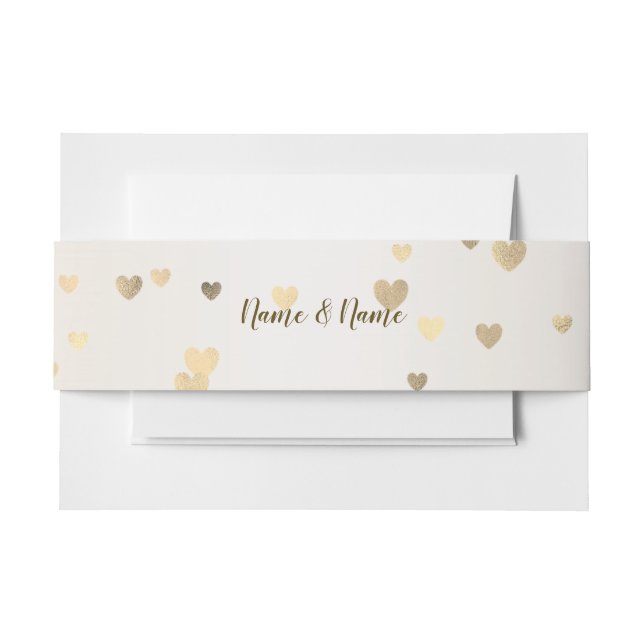Rose Winter Wedding Bride Golden Shiny Hearts Invitation Belly Band (Front Example)