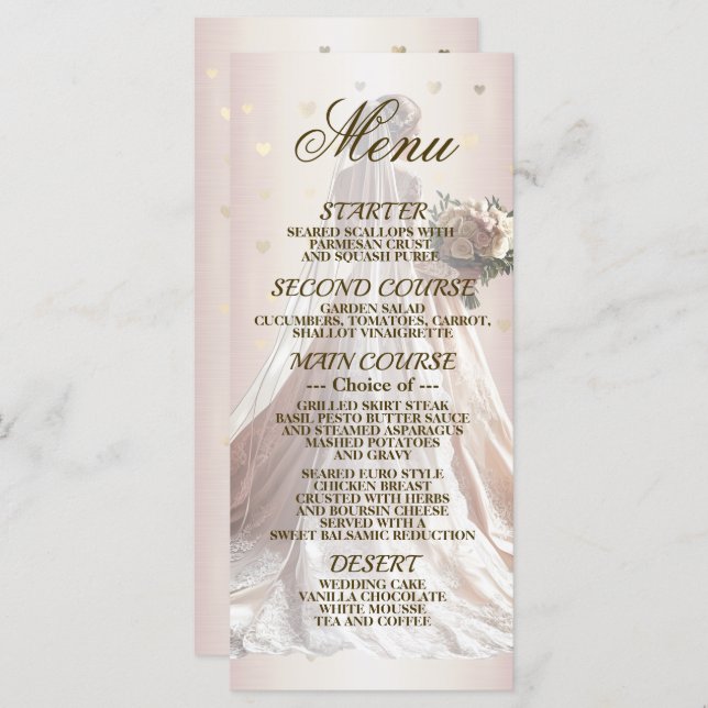 Rose Winter Wedding Bride Golden Shiny Hearts Menu (Front/Back)
