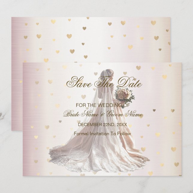 Rose Winter Wedding Bride Golden Shiny Hearts Save The Date (Front/Back)