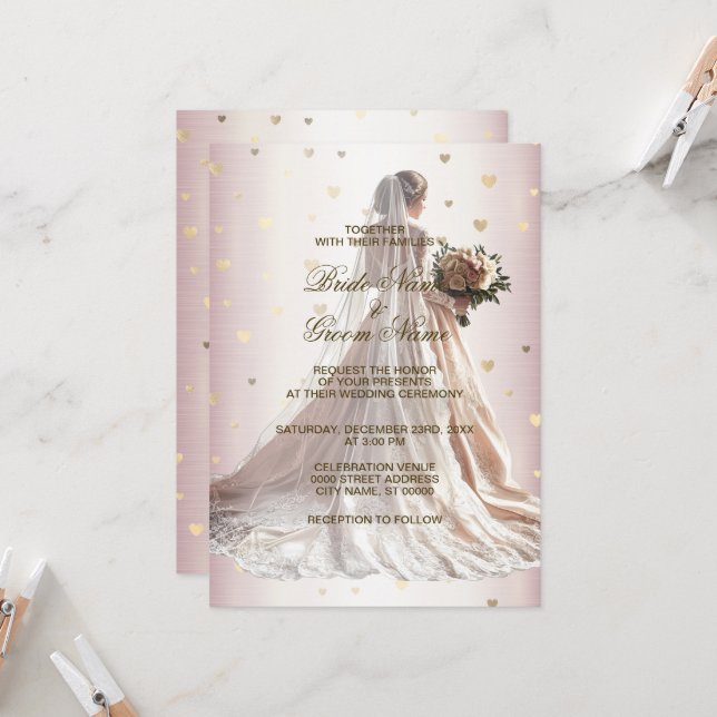Rose Winter Wedding Dress Bride Golden Shiny Heart Invitation (Front/Back In Situ)