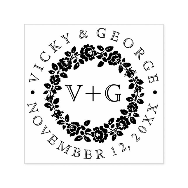 Rose wreath black and white floral wedding self-inking stamp (Design)